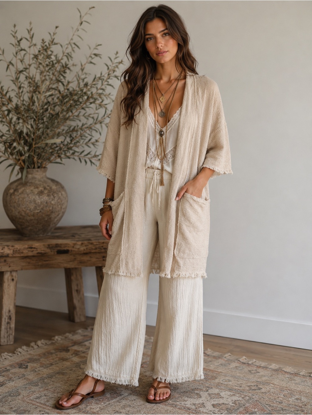 NWT Myrah Penaloza Waffle Weave Cotton Kimono Wrap Natural Boho  O/S